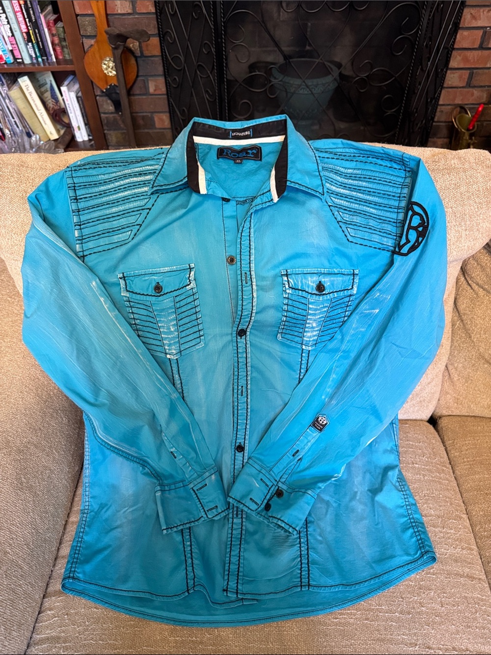 Roar Men's Turquoise Button-Up Shirt Jacket with Contrast Stitching